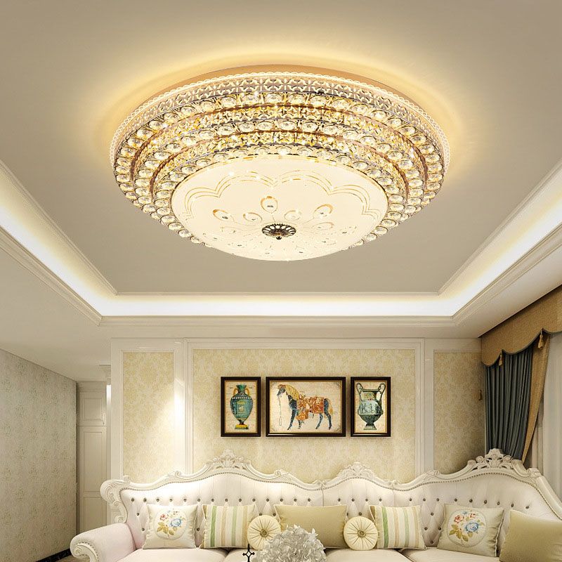 Modern Fashionable Circular LED Ceiling Light Crystal Indoor Flush Mount with Glass Shade