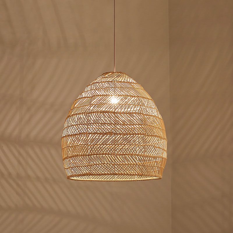 Rattan Cloche Pendant Ceiling Light Asian Single-Bulb Suspension Lighting over Dining Table