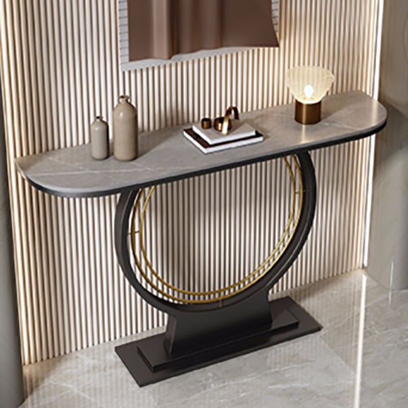 Modern Half Moon Console Table Stone Console Sofa Table in Grey