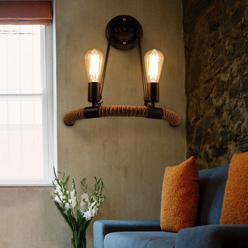 Roped Half-Ring Wall Lighting Vintage Style 2 Lights Living Room Wall Lamp with Bare Bulb in Black