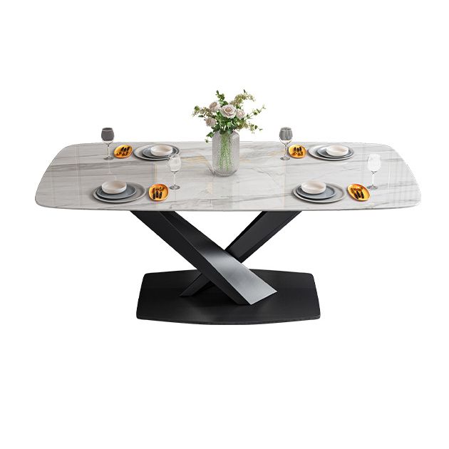Traditional Luxury Rectangle Dining Table White Sintered Stone Table with Black Pedestal Base