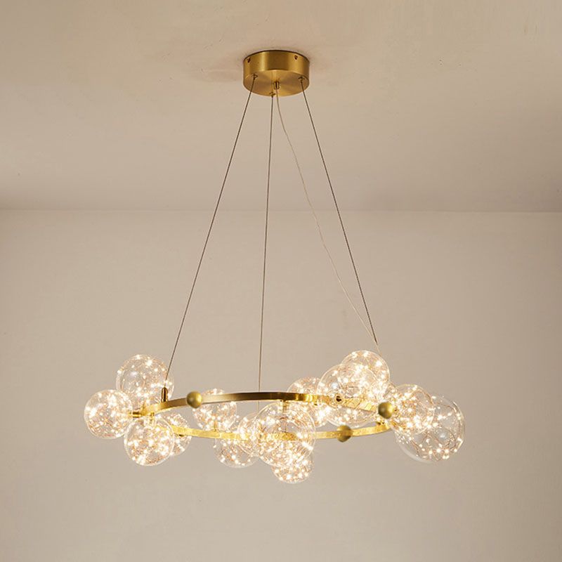 Orb Bedroom Hanging Chandelier Clear Glass Starry LED Modern Ceiling Suspension Lamp in Gold