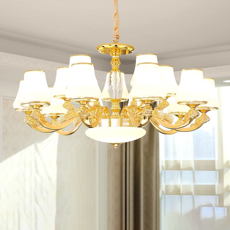 Minimalist Tapered Chandelier Light Opaline Glass Pendant Lamp in Gold for Living Room