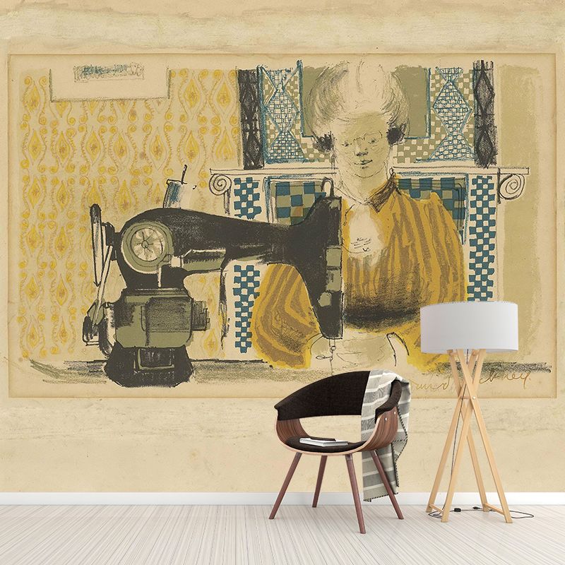 Pastel Color Art Deco Murals Full Size Woman with Sewing Machine Drawing Wall Covering for Home