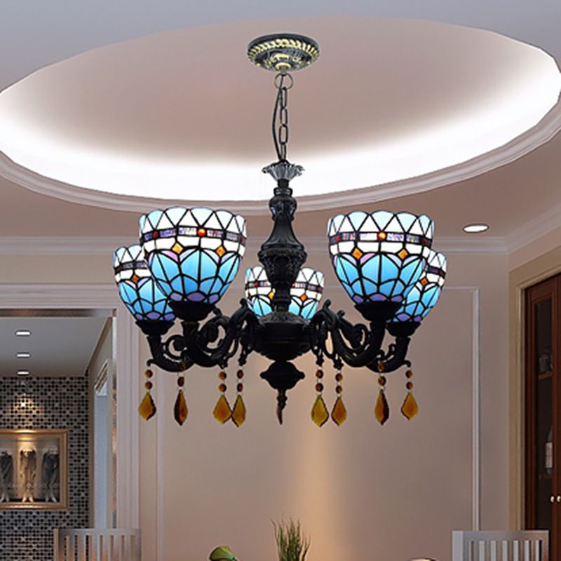 Lustre de style tiffany 5 lumières vitrail