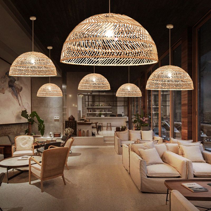 Rattan Dome Shaded Suspension Lighting Simplicity 1-Light Wood Pendant Light Fixture