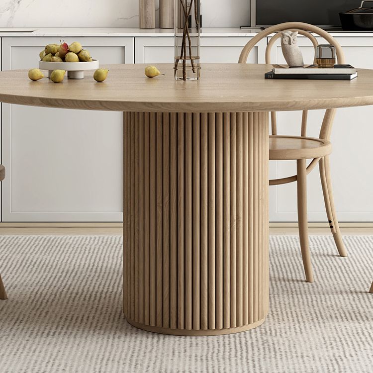 Modern Round Dining Table Pine Solid Wood Pedestal Dining Table in Natural