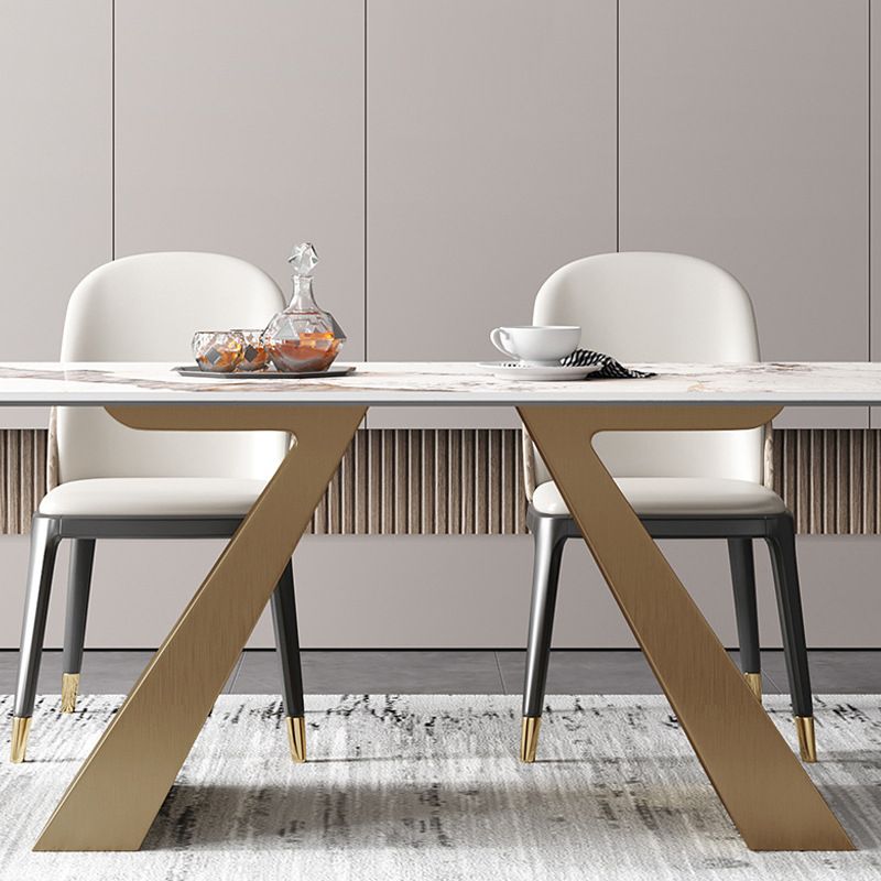 Mesa de comedor rectangular de lujo tradicional mesa sinterizada con pedestal doble dorado