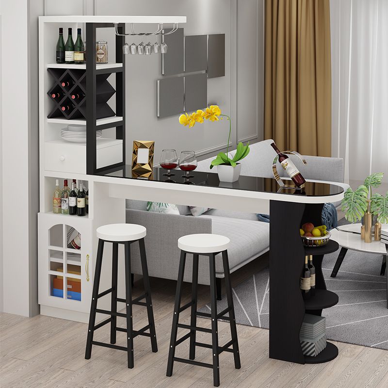 Modern Glass Bar Table Wood Base with Wine Cabinet for Living Room