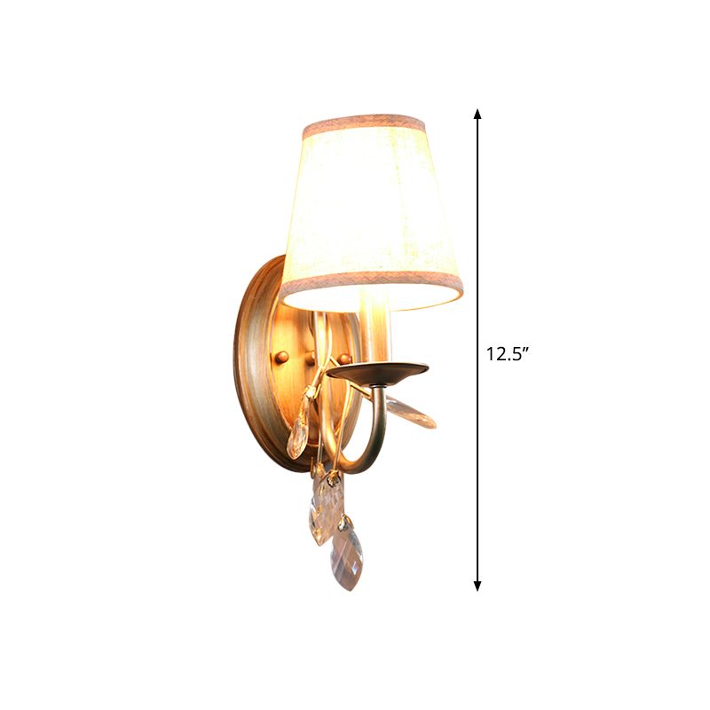 Gold Cone Wall Mounted Lighting Contemporary Fabric Shade 1/2-Bulb Sconce Light Fixture with Crystal Drop