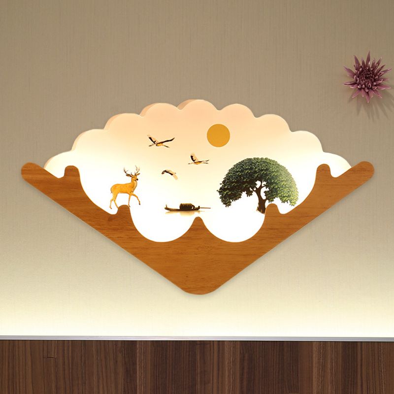 Lámpara de pared en forma de abanico acrílico estilo asiático de madera LED mural de pared con ciervo y patrón de lago/bosque