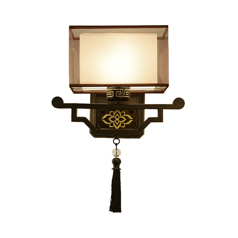 Black 1 Light Wall Mount Light Traditional Fabric Rectangle Sconce with Metal Backplate
