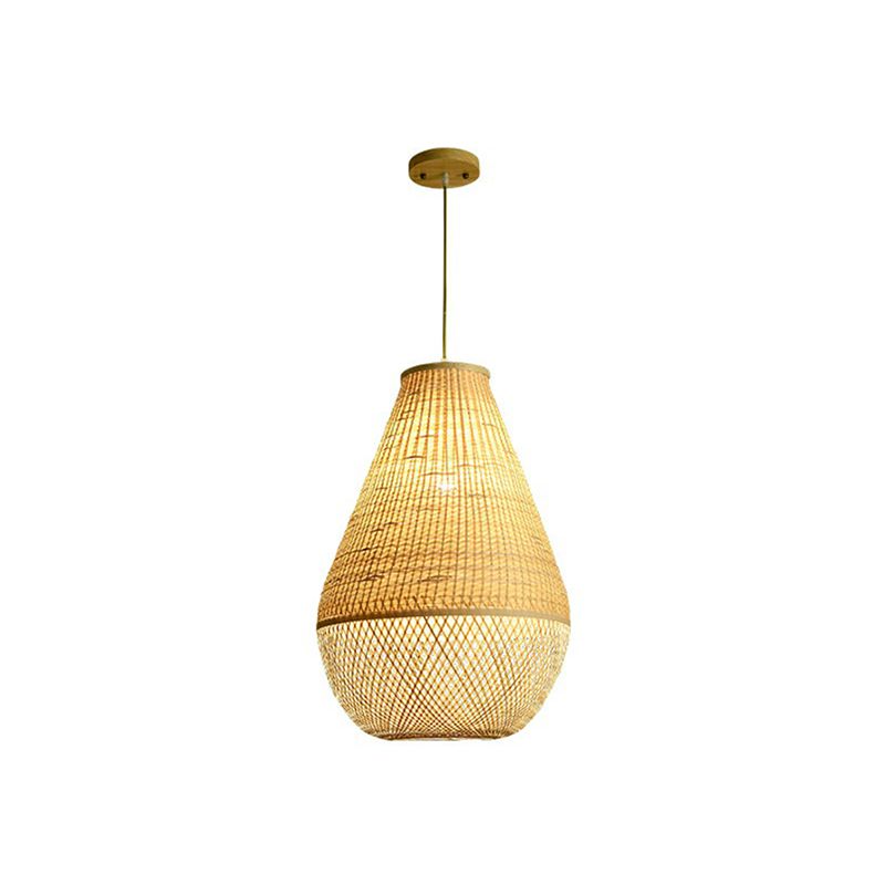 Bamboo Woven Droplet Shaped Pendant Simplicity 1-Bulb Beige Hanging Light over Table