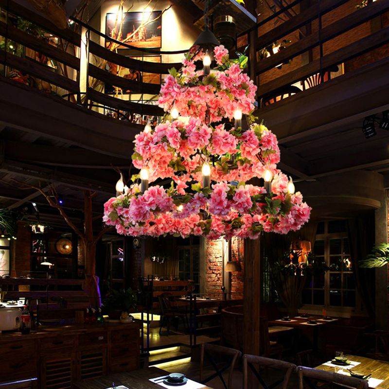 Rose Pink 18 Heads Chandelier Lighting Vintage Metal 3 Tiers LED Suspension Pendant with Flower Decor
