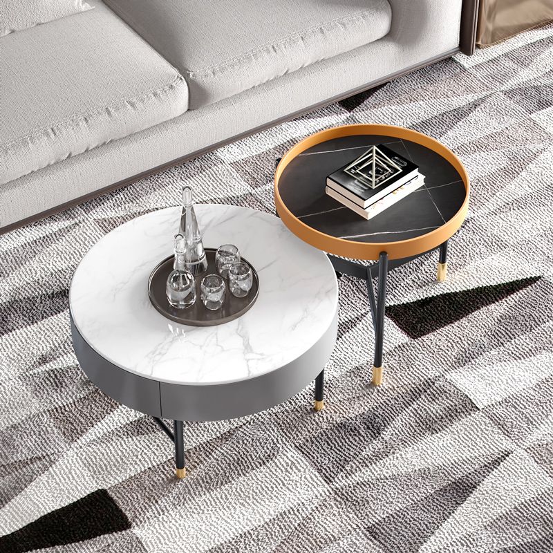 Glam Cocktail Table Round Stone 4 Legs Gold Coffee Cocktail Table