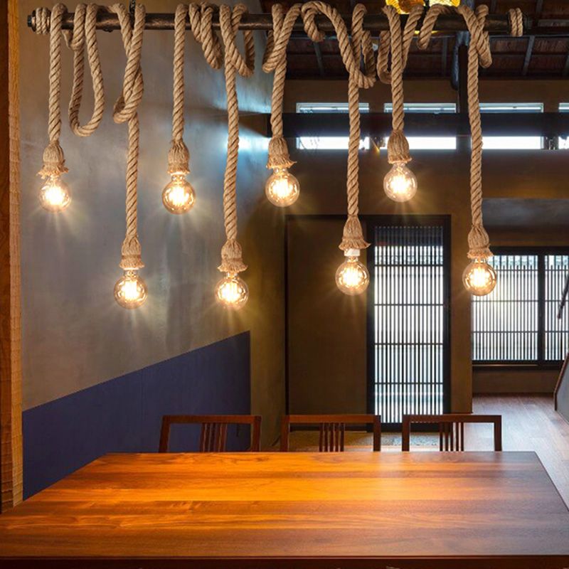 Natural Rope Brown Chandelier Geometric Shape Countryside Suspension Light Fixture