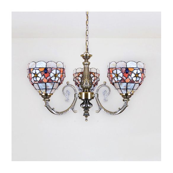 Bowl Chandelier Retro Style Stained Glass 3 Heads Flower Chandelier Light with Chain for Bedroom Lighting