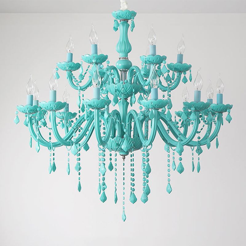 Multi Light Candle Branch Hanging Pendant Modern Style Crystal Hanging Lighting in Green