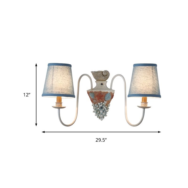 2-Bulb Metal Wall Lighting Country Blue Curved Arm Indoor Sconce Light Fixture with Tapered Fabric Shade