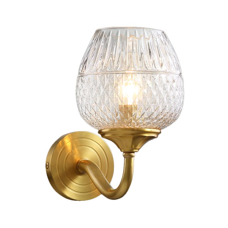 Lattice Brandy Glass Wall Sconce Contemporary Single Brass Wall Mounted Lamp with Curved Arm