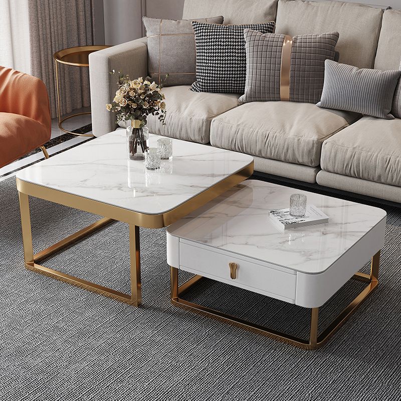 Gold Frame Metal Iron Base Design with Drawer Square Coffee Table