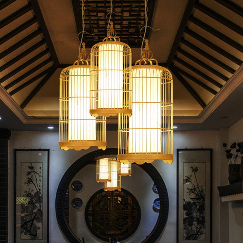 Birdcage Dining Room Deckenleuchte Bambus 9,5 "/14"/16 "breites 1-Licht asiatische Anhängerleuchte in Beige