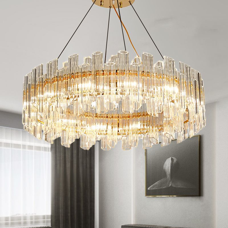 Clear Crystal Drum Hanging Chandelier Modern 8/12 Lights Gold LED Ceiling Lamp for Living Room