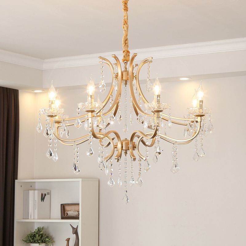 Luz de techo colgante de estilo de araña chapada en oro de metal con drapeado de cristal