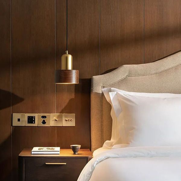Brown Walnut Wood Pendant Lighting Fixtures Modern Lantern Suspension Lamp for Living Room