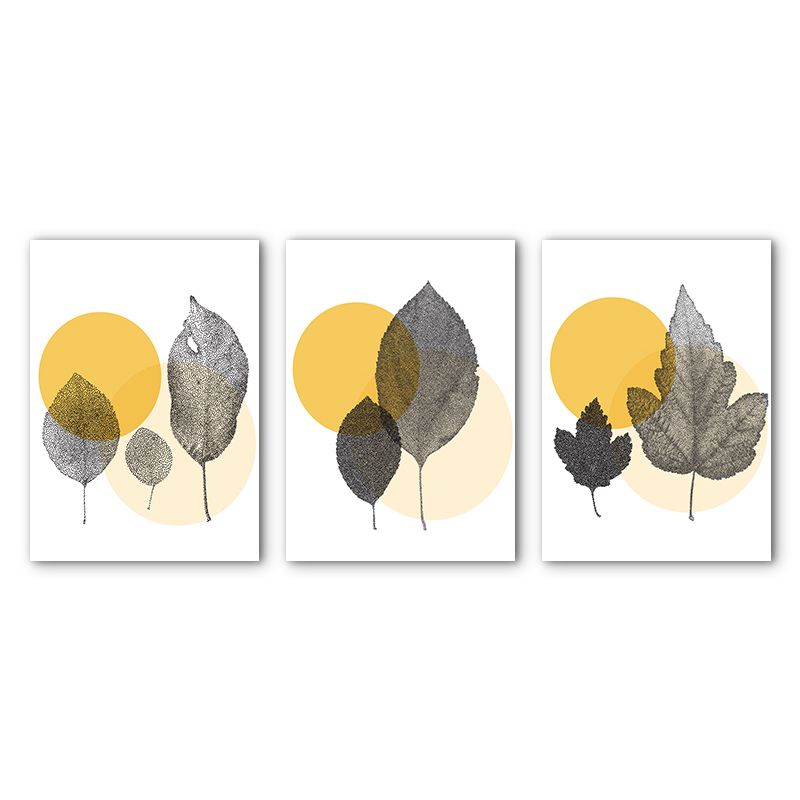 Textured Yellow Canvas Art Scandinavian Style Leaves Printed Wall Decor, Set of 3