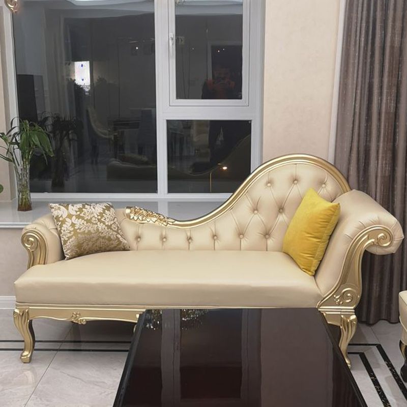 Faux Leather Upholstered Tufted Chaise Lounge Chair in Beige and Gold