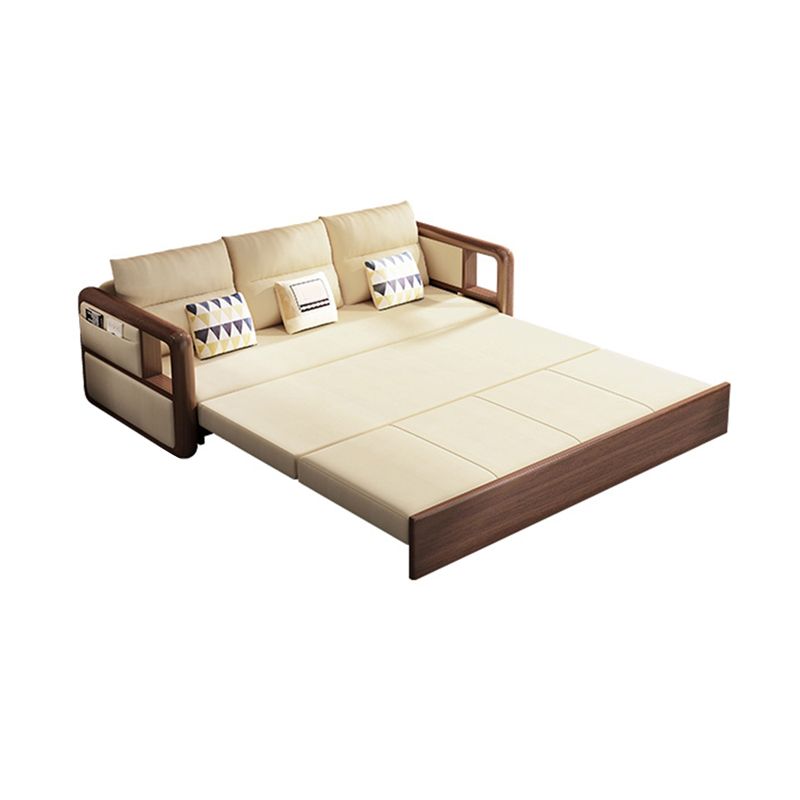 Modernism Brown Fabric Sofa Bed Solid Wood Sofa with Storage