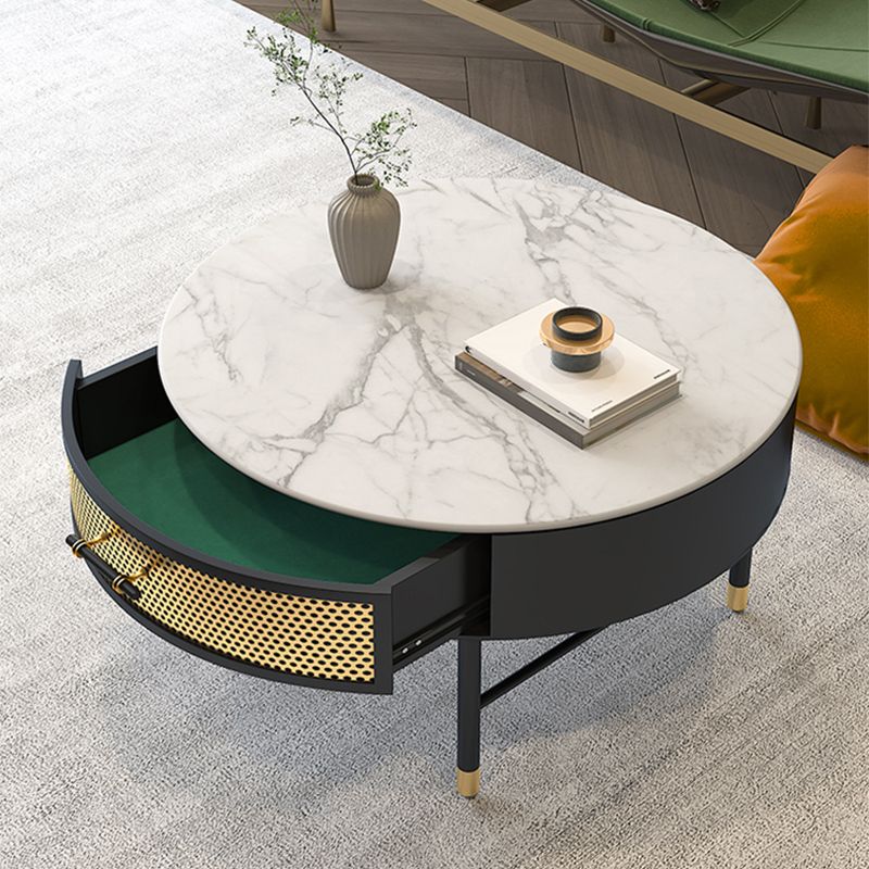 Glam 17.7" H Round Slate Coffee Table Iron 4 Legs Cocktail Table with Drawer