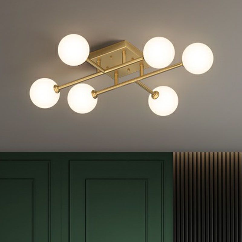 White Glass Balls Close to Ceiling Light Simplicity Gold Finish Semi Flush Mount Light Fixture