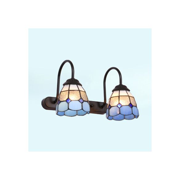 2 Heads Grid Patterned Vanity Lighting Baroque Blue/Yellow Glass Wall Mount Light Fixture