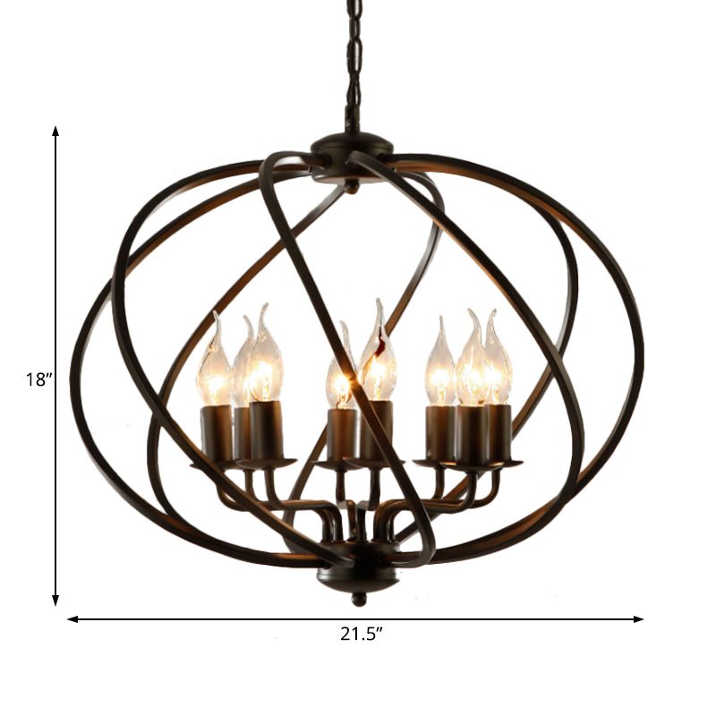 Candle Living Room Pendant Chandelier Country Metal 8 Lights Black Hanging Fixture with Cage