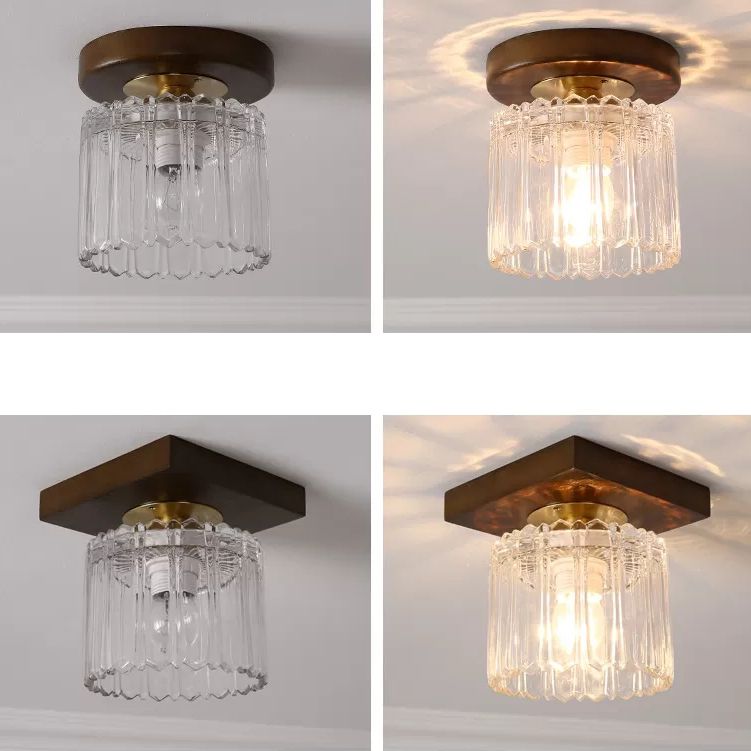 Simplicity Small Ceiling Flush Light Clear Glass 1 Bulb Entryway Flush Mount Light in Dark Wood