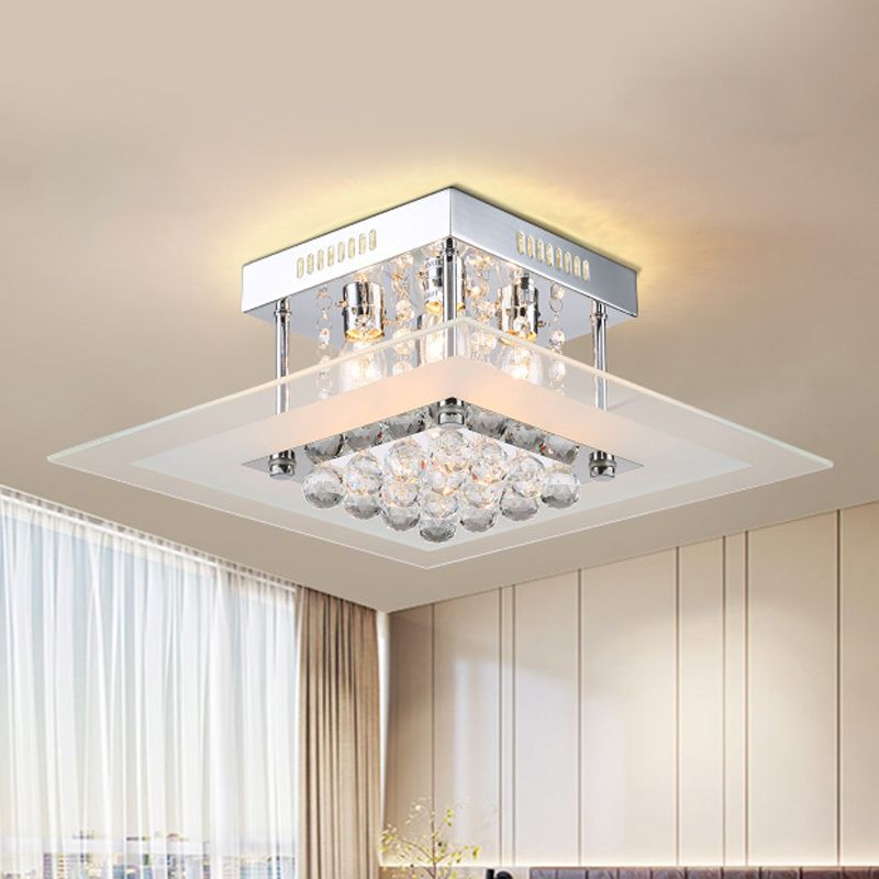 Square Crystal Flush Mount Modern Style 4-Light Chrome Finish Bedroom Ceiling Lamp