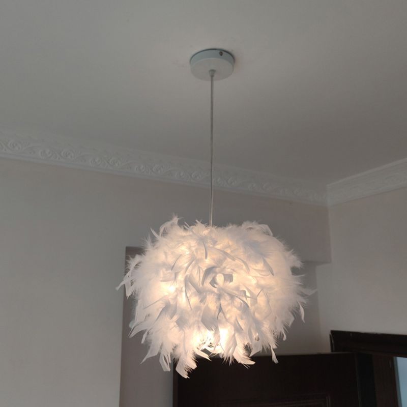 Hand-Worked Hemispherical Pendant Lamp Nordic Feather 1 Bulb White Hanging Light Kit, 11"/15"/19.5" W