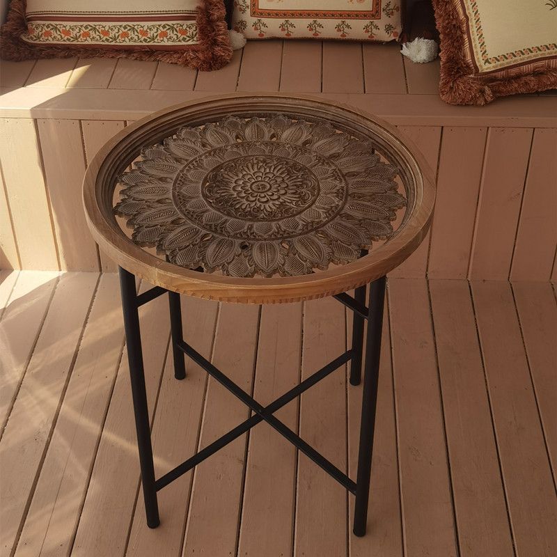 Dia 19.7" Cross Legs End Table Distressed Wood Side Table with Engraved Design