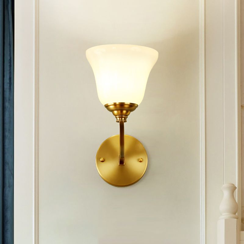 Gold 1 Light Wall Sconce Fixture Colonial Style Milk Glass Bell Shade Wall Mount Light for Corridor