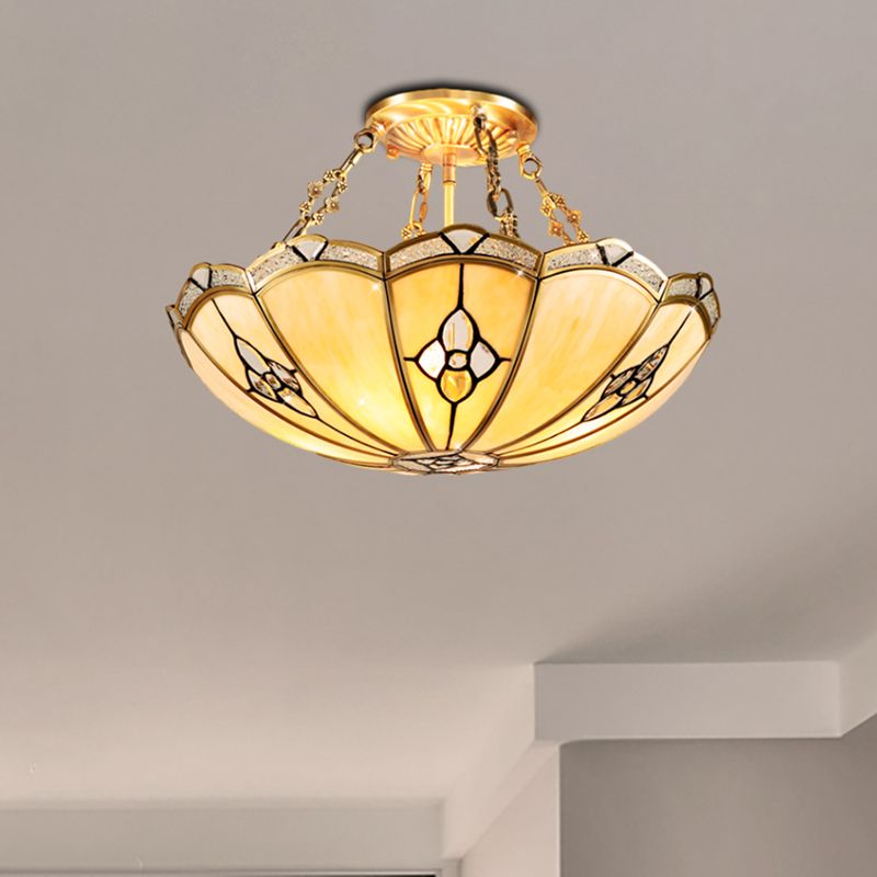 18"/19.5" W Dome Bedroom Semi-Flush Mount Light Colonial Frosted Glass 4 Bulbs Brass Close to Ceiling Lighting Fixture