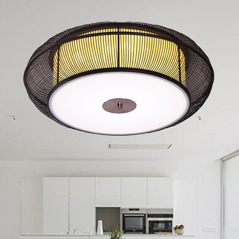 Lámpara de techo empotrada redonda de bambú, estilo asiático, 3/4 luces, accesorio de montaje en techo negro/madera para dormitorio, 18 "/22" de diámetro