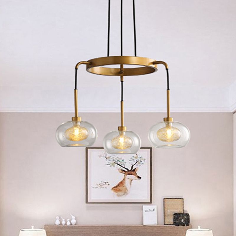 Gold Oval Chandelier Lighting Post-Modern 3 Lights Clear Glass Led Pendant Light Fixture with Ring Design