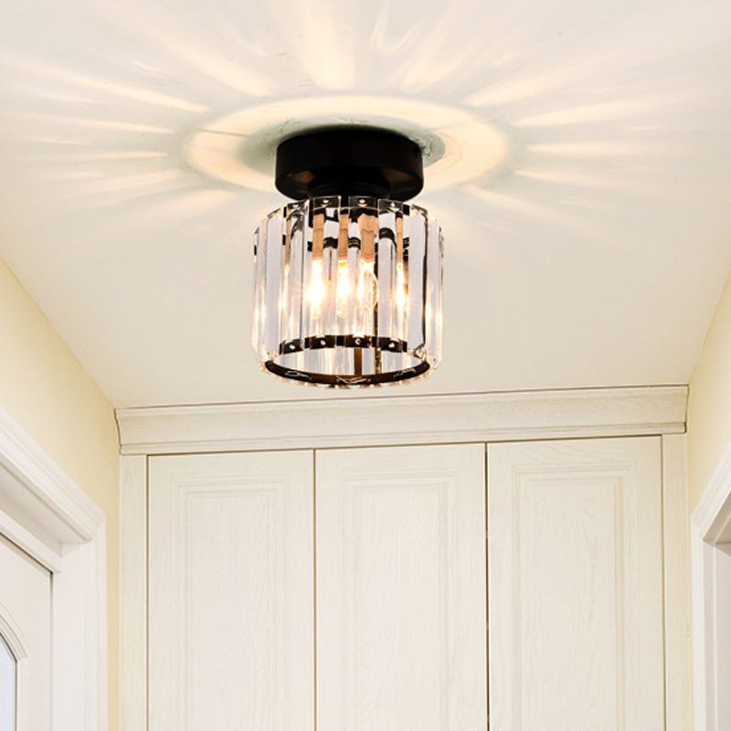 Square/Cylinder Corridor Ceiling Lamp Simplicity Crystal 1 Bulb Black/Gold Semi Flush Mount Light Fixture