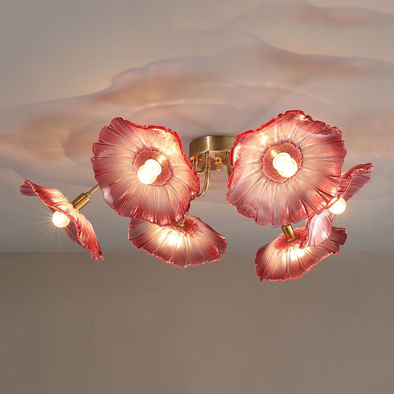 Lámpara de semi rascijada de metal dorado iluminación de techo de flores múltiples modernas con sombra de vidrio