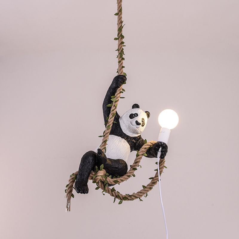 White and Black Panda Hanging Lamp Artistic 1-Bulb Rope Pendant Ceiling Light for Restaurant