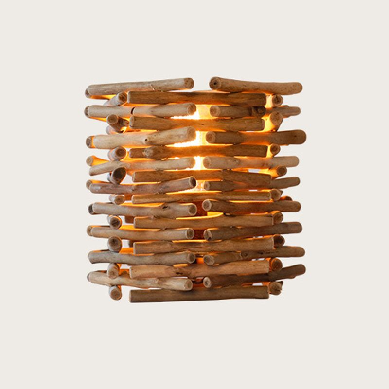 Lampada da scrivania piccola cilindrica in legno Asia con 1 lampadina, illuminazione da lavoro marrone per camera da letto, larghezza 8"/10".