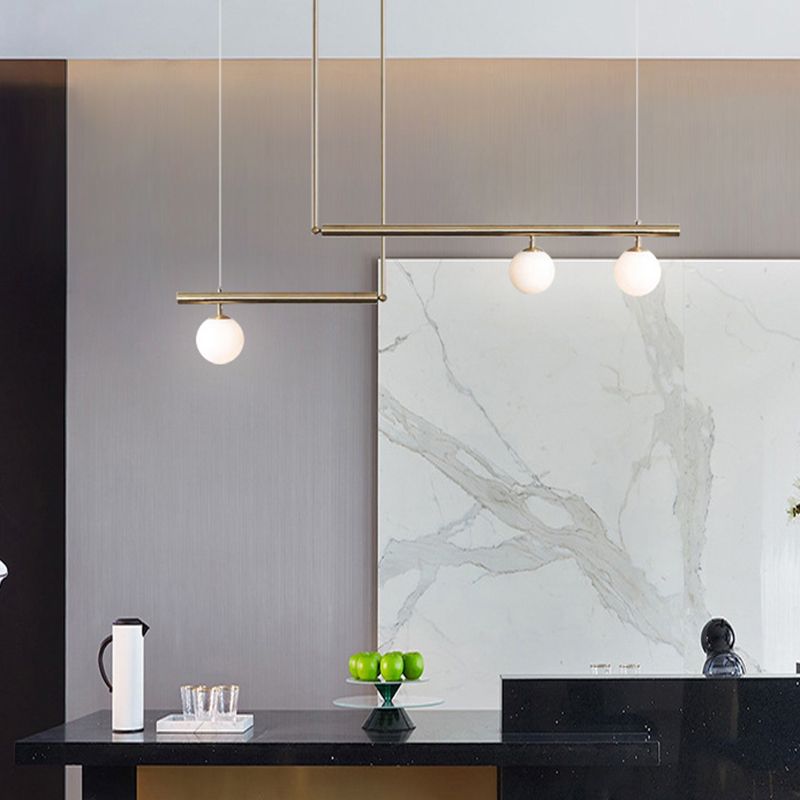 Modern Minimalism Gold Metal Linear Island Pendant Lighting Globe Glass Island Ceiling Light for Living Room