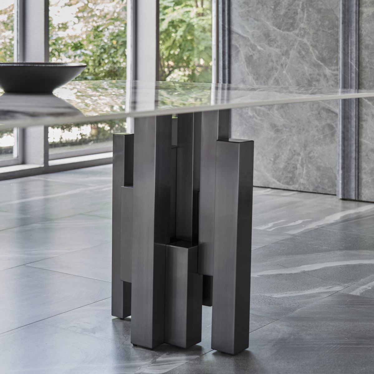 Modern Style Sintered Stone Dining Set with Grey Rectangle Shape Table and Double Pedestal Base